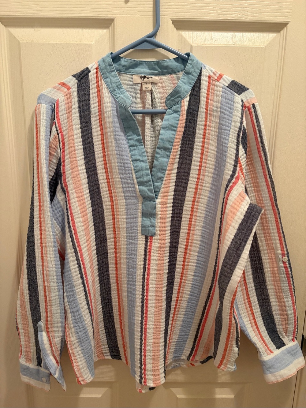 Style & Co Women’s L Textured Seersucker Stripe Popover Top Cotton Gauze